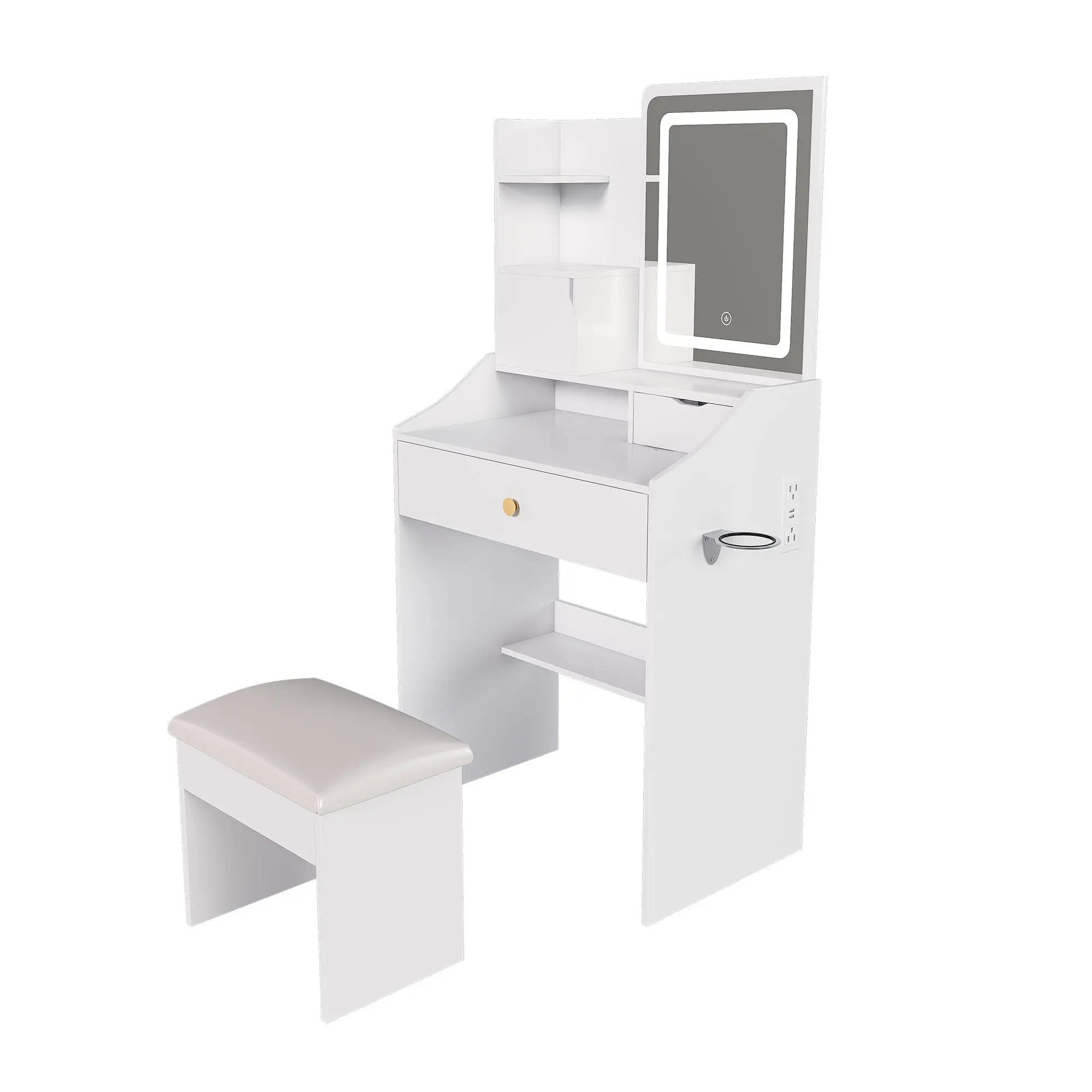 3 Color LED Vanity Mirror With Stool, Dressing Table For Bedroom, 2 Drawers & 5 Storage Cabinets (4 Open + 1 Hidden), Adjustable Lighting - White by HouseOfZazla