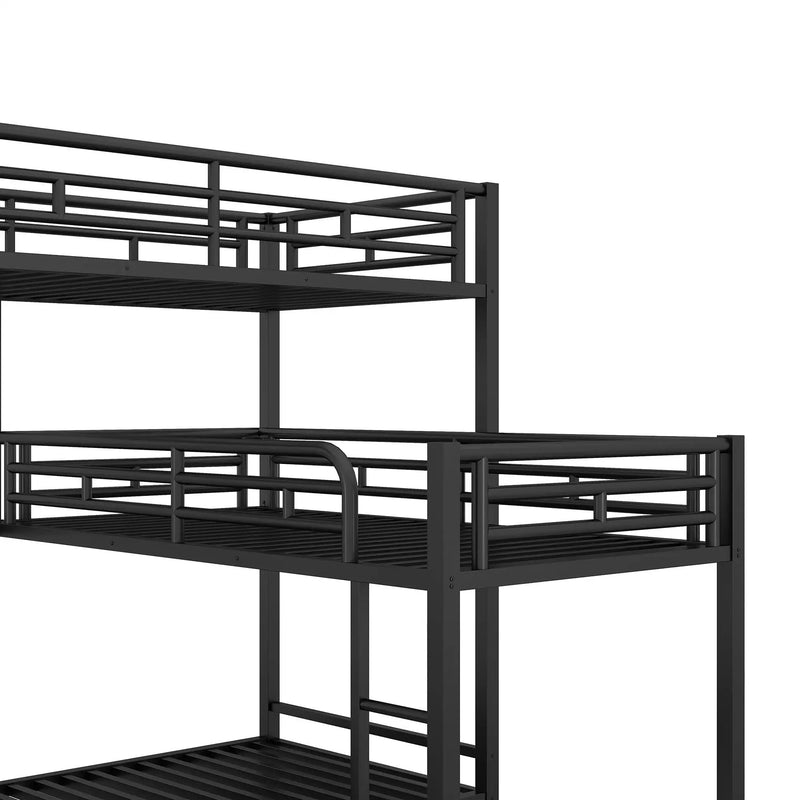 L-Shaped Triple Twin Size Bunk Bed, Industrial Design With Integrated Ladder And Full Length Guardrails - Black by HouseOfZazla