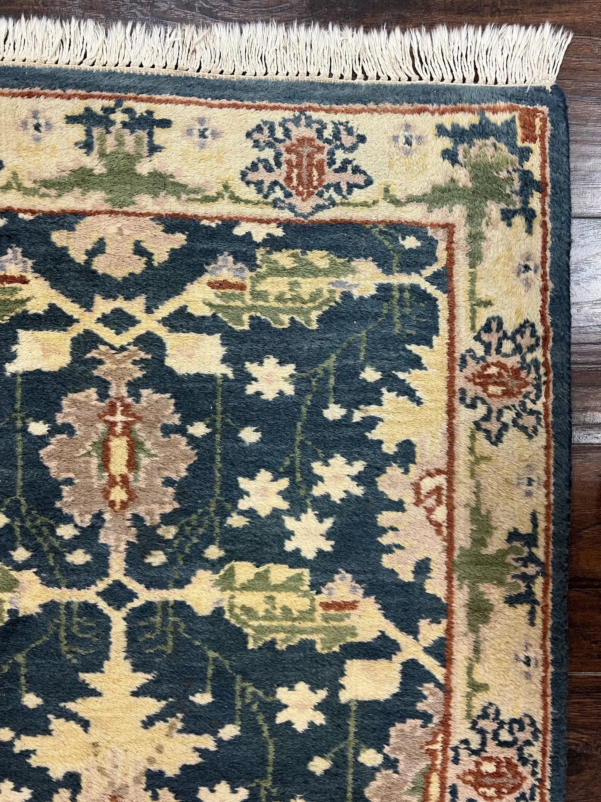 Indian Runner Rug 2.6 x 12, Navy Blue Beige Oriental Runner Rug 12ft Long, Narrow Hallway Runner, Wool Hand Knotted Indo Persian Mahal Rug by Jewel Rugs