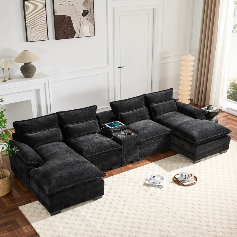 Modern U-Shaped Sectional Sofa with Console and USB Charger by HouseOfZazla