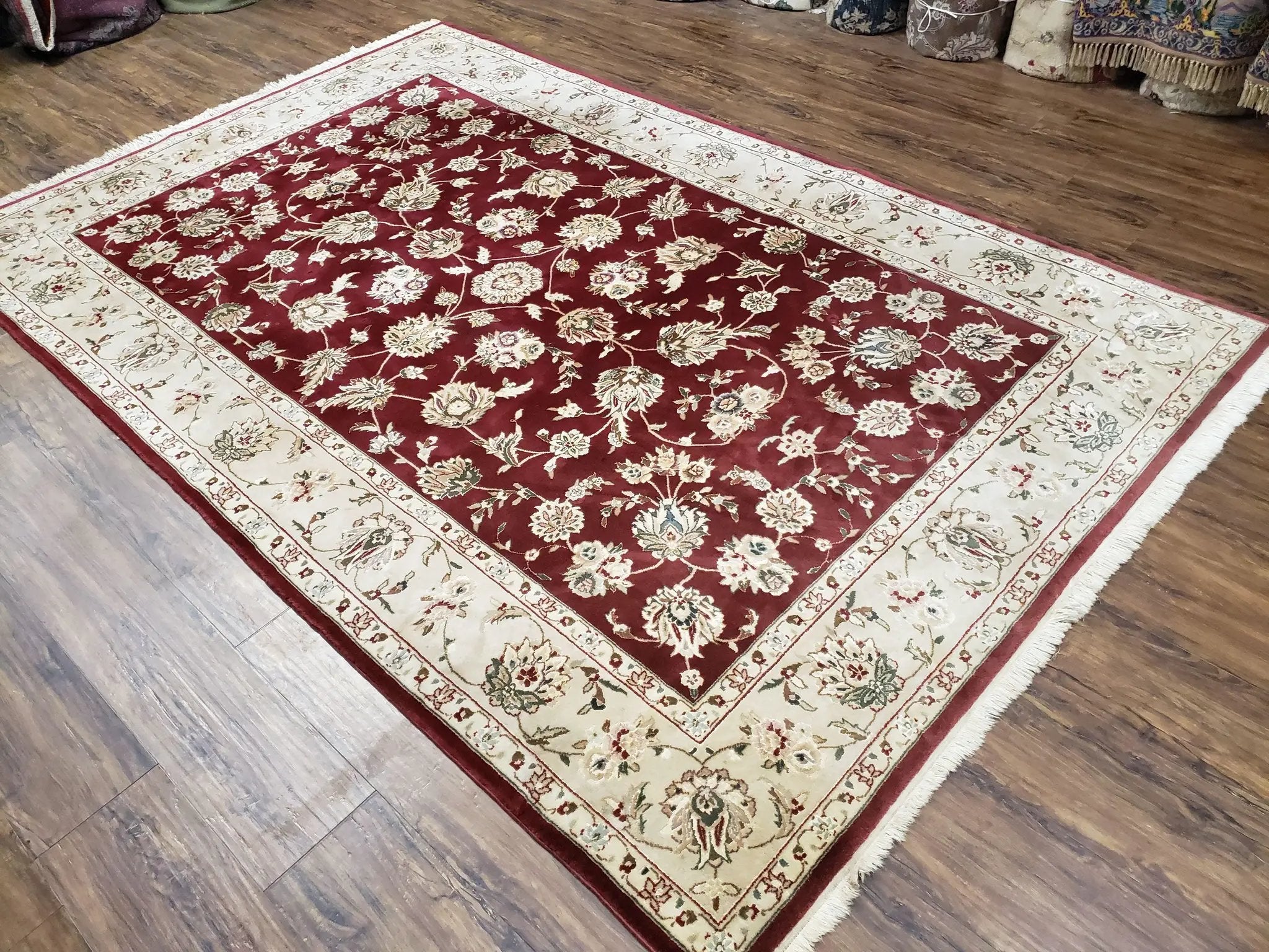 Vintage Traditional Oriental Area Rug, Hand-Knotted, Wool & Silk Accents, Maroon Red and Beige, 6x9 Carpet, 5' 9" x 9' by Jewel Rugs