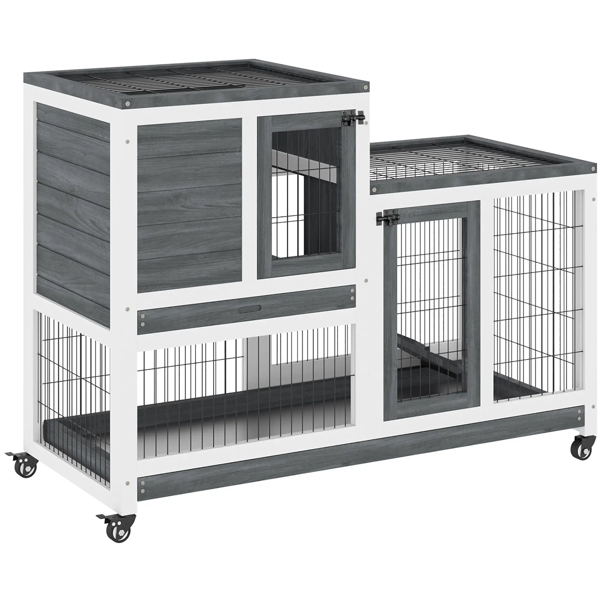 Pawhut - Wooden Rabbit Hutch Elevated Bunny Cage Indoor Small Animal Habitat With Enclosed Run With Wheels, Ramp, Removable Tray Ideal For Guinea Pigs - Gray by HouseOfZazla