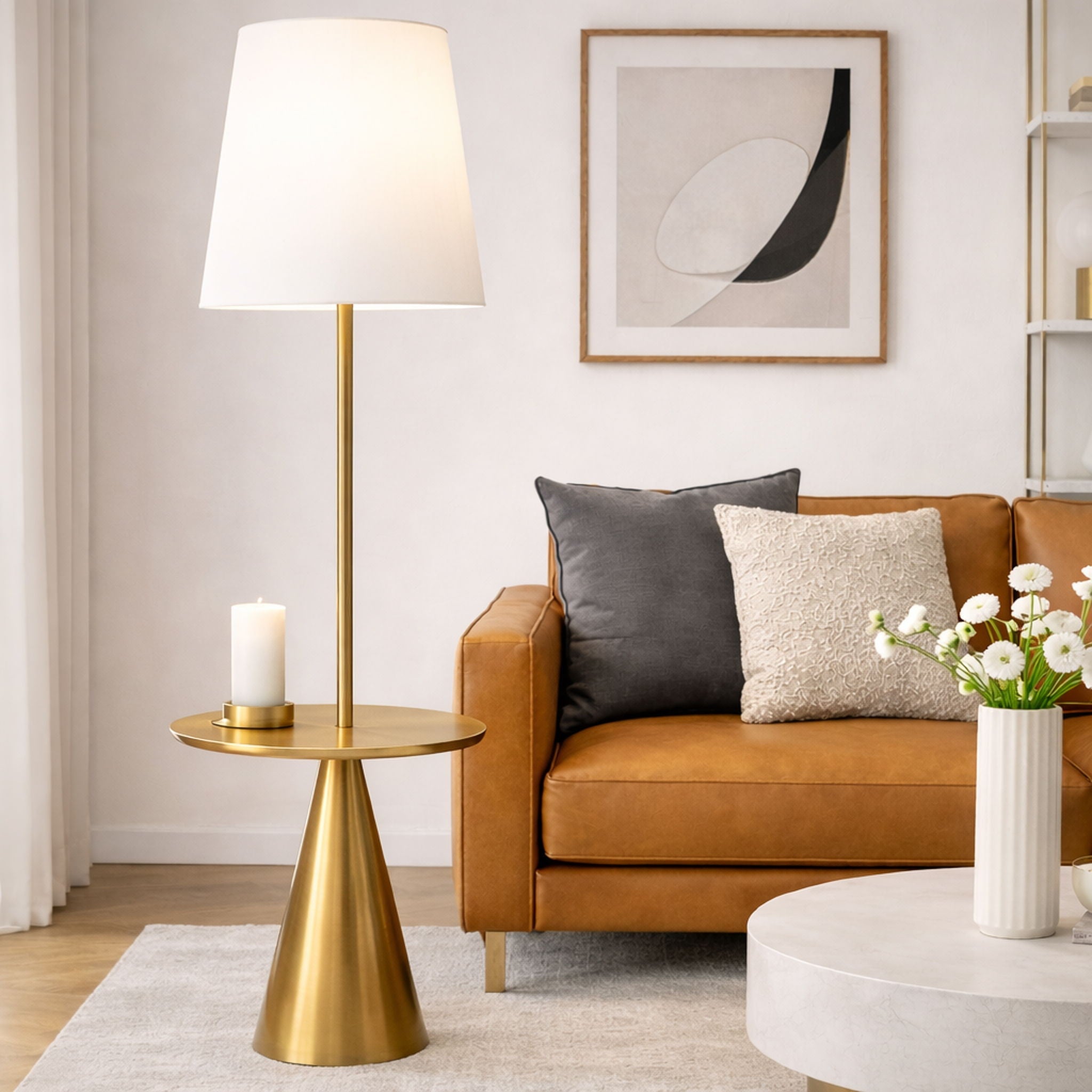 Celestial - Modern Floor Lamp With Accent Table With Large Shade - Gold / White by Unique Piece Furniture