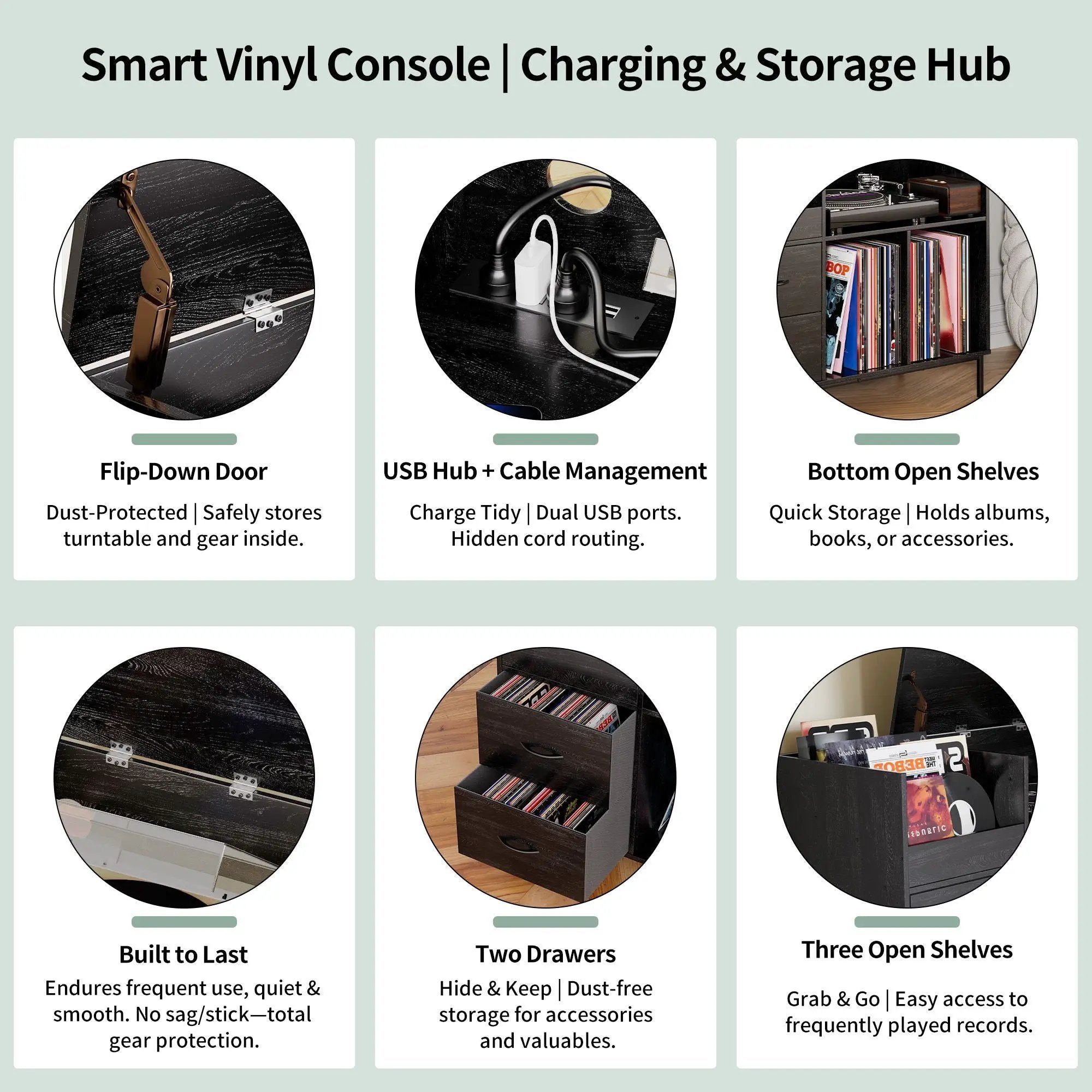 Eco-Friendly Vinyl Record Player Stand With Flip-Top Storage, Media Console With Dual Outlets And Dustproof Drawers by Unique Piece Furniture
