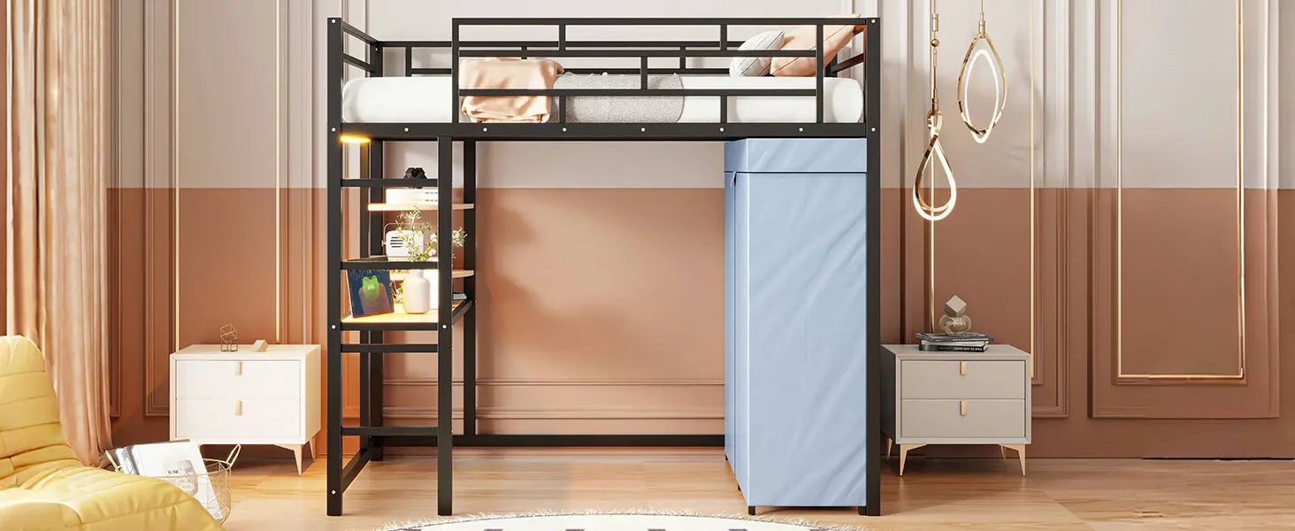 Loft Bed With Desk, Shelves, Power Outlet, LED Light And Wardrobe by HouseOfZazla