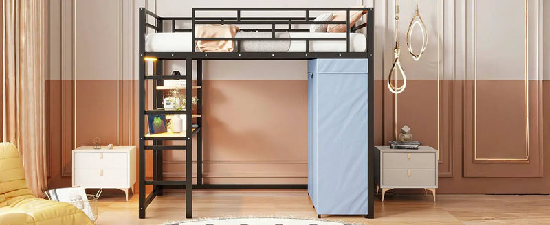 Loft Bed With Desk, Shelves, Power Outlet, LED Light And Wardrobe by HouseOfZazla
