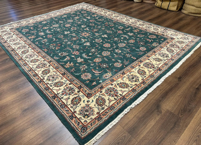 Indo Persian Rug 8x10, Green and Beige Oriental Carpet, Traditional Wool Area Rug, Floral Allover Pattern by Jewel Rugs