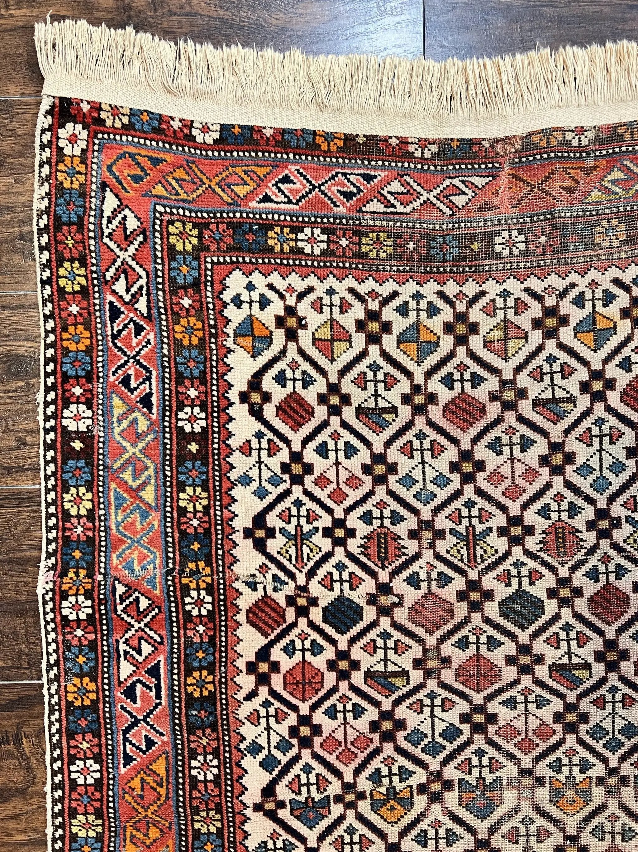 Antique Caucasian Rug 4x5, Hand Knotted Handmade Shirvan Oriental Carpet, Ivory Red Rug Allover Pattern, Rare Wool Rug, Tribal Geometric Rug by Jewel Rugs