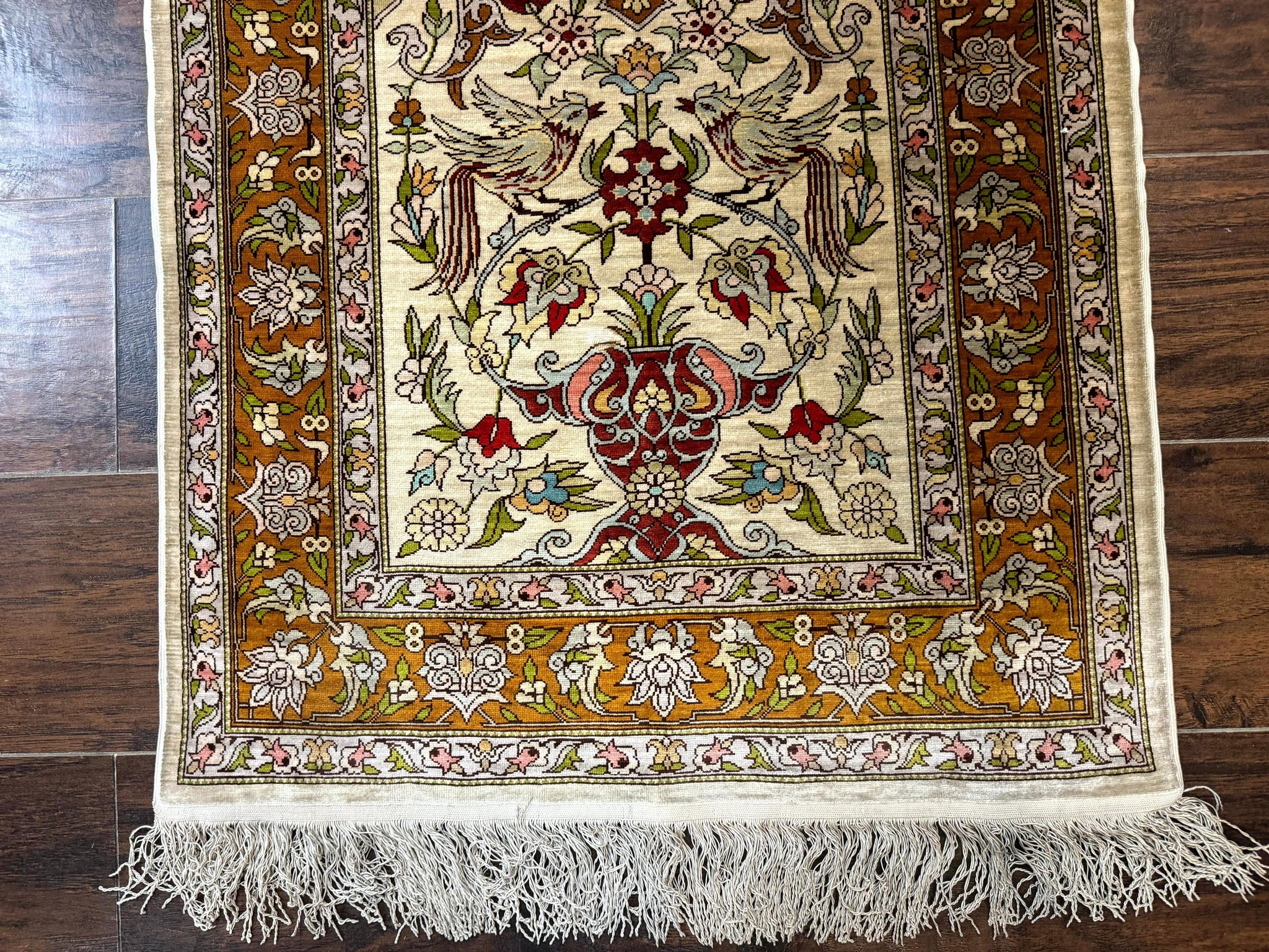 Silk Turkish Hereke Rug 2x3, Birds Lantern Very Fine 400 KPSI, Signed by Masterweaver, Wonderful, Rare, Small Hereke Rug by Jewel Rugs