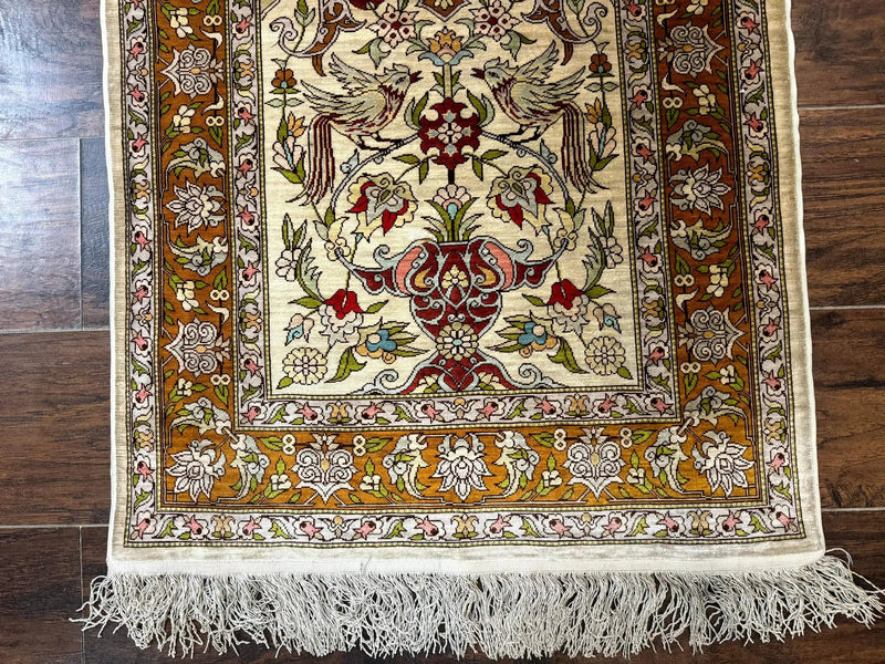 Silk Turkish Hereke Rug 2x3, Birds Lantern Very Fine 400 KPSI, Signed by Masterweaver, Wonderful, Rare, Small Hereke Rug by Jewel Rugs