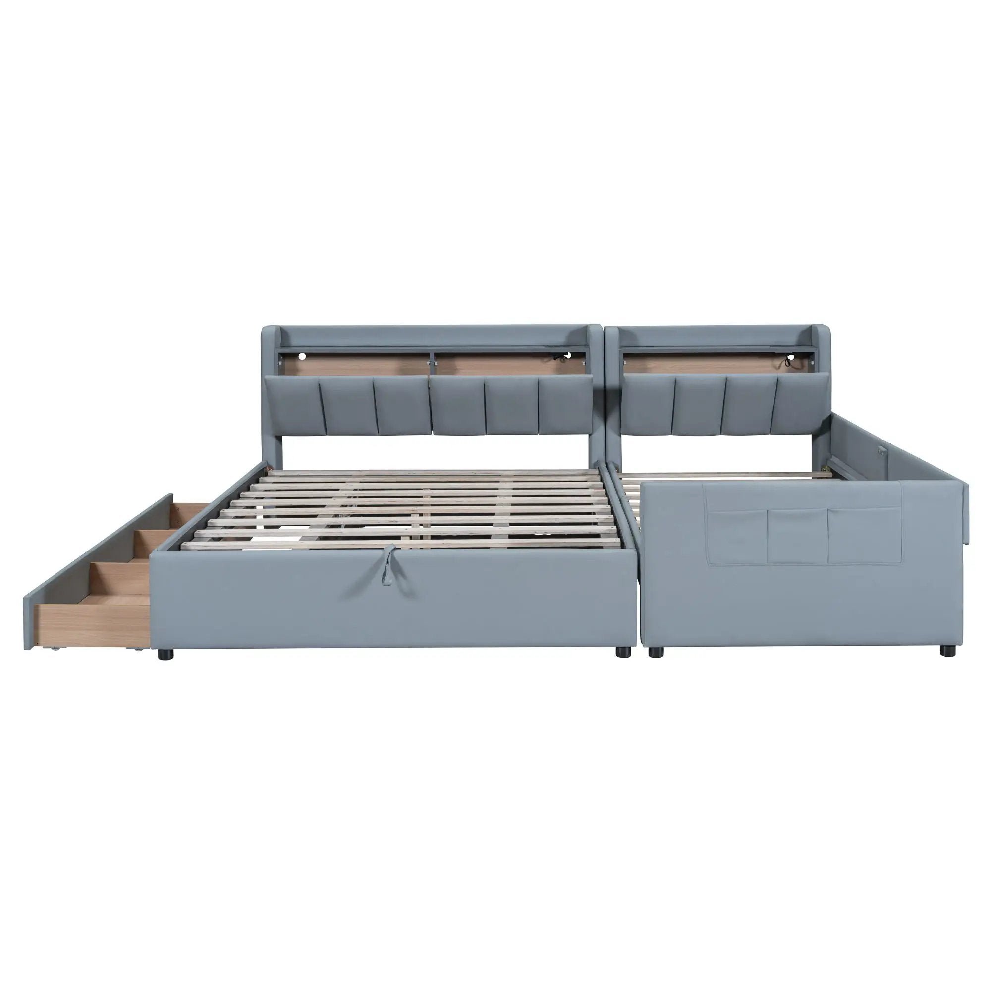 Upholstered Mother & Child Bed With Hydraulic Storage System, Drawer Box, Bedhead Storage Shelf And 2 Pairs Of Sockets & USB Ports by HouseOfZazla