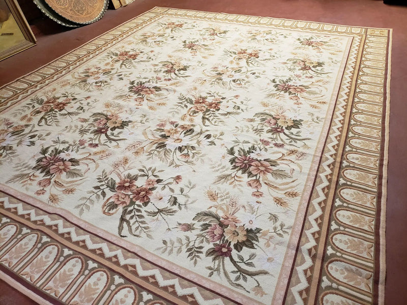 Needlepoint Rug 8x10 Aubusson Rug Victorian Floral Rug Handmade French Style French Decor Garden Panel Beige 8 x 10 Area Rug 100% Wool by Jewel Rugs