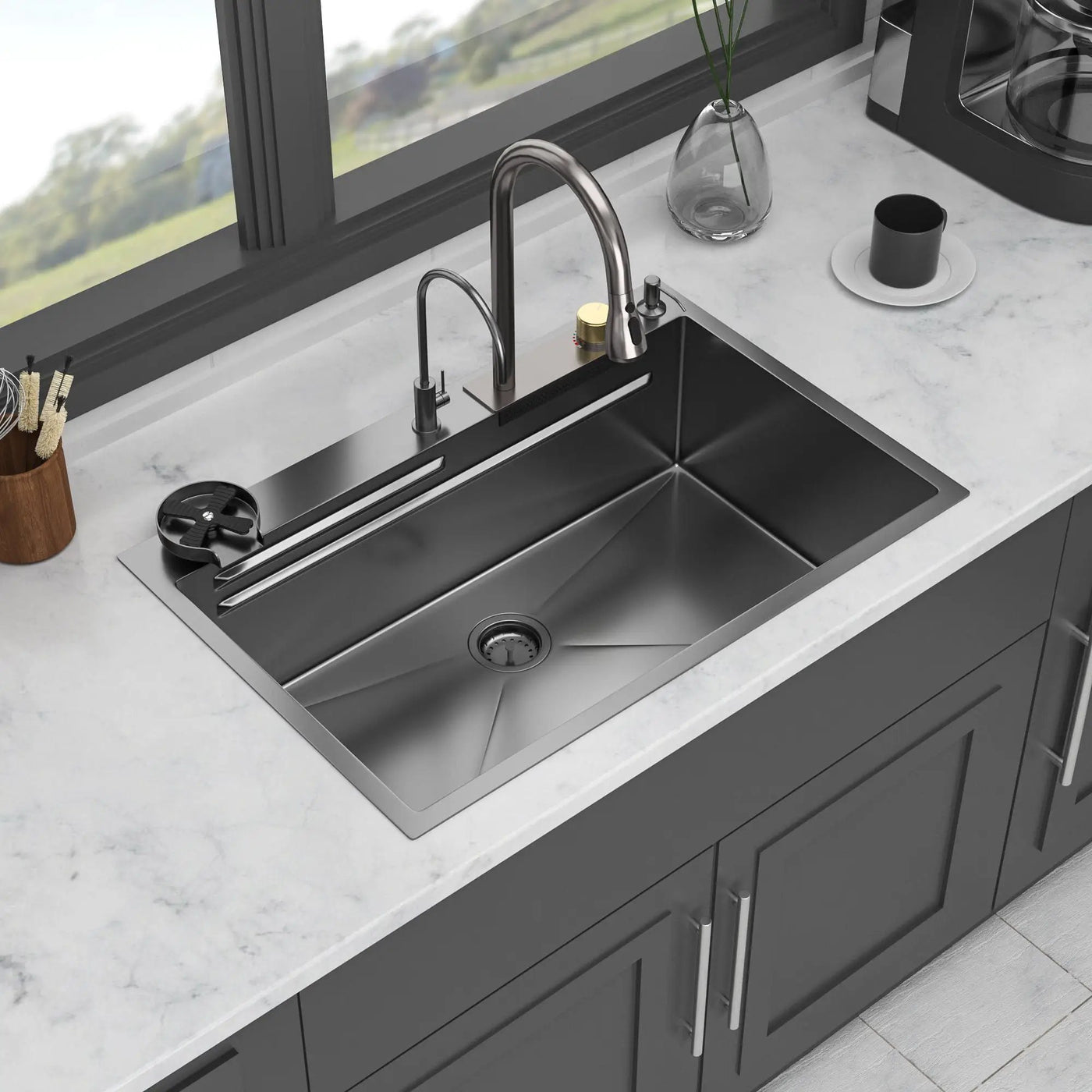 Waterfall Kitchen Sink With Pull Out Faucet & Cup Washer by HouseOfZazla