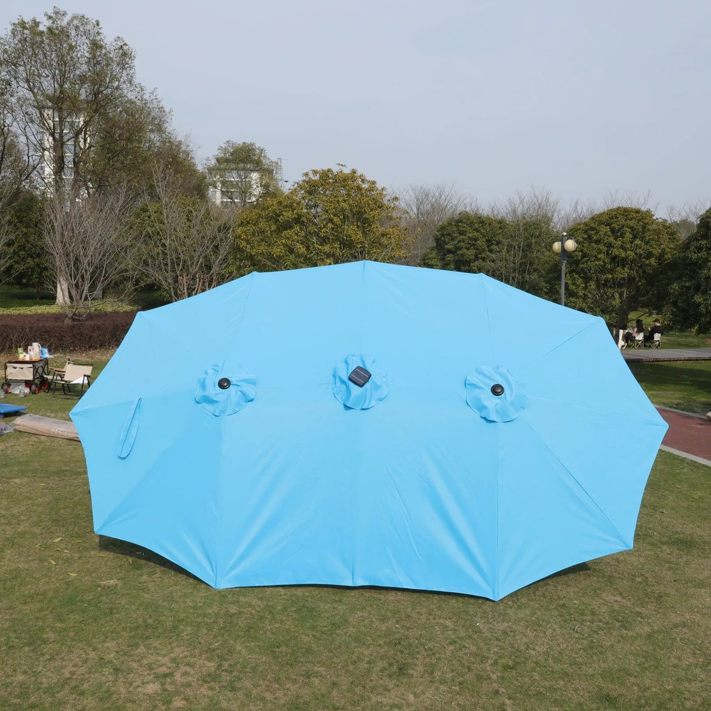 Double-Sided Outdoor Market Umbrella With Lights And Base by HouseOfZazla