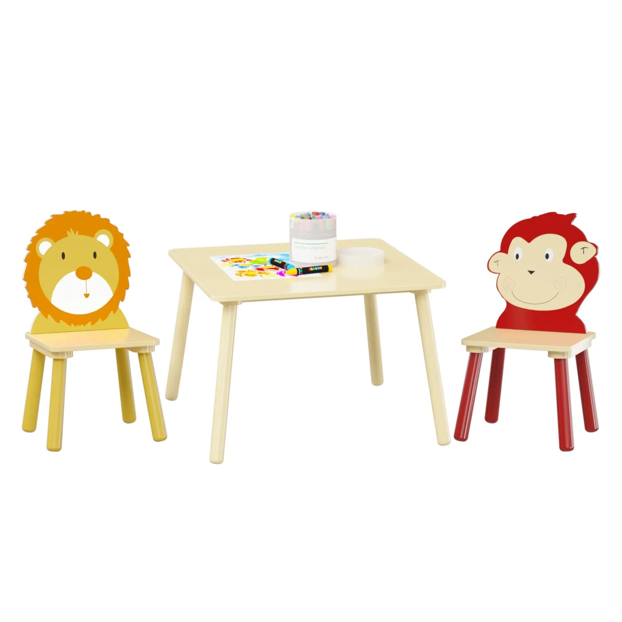 Kids Table And 2 Chairs Set, 3 Pieces Toddler Table And Chair Set, Wooden Activity Play Table Set (Lion&Monkey) - Natural by HouseOfZazla
