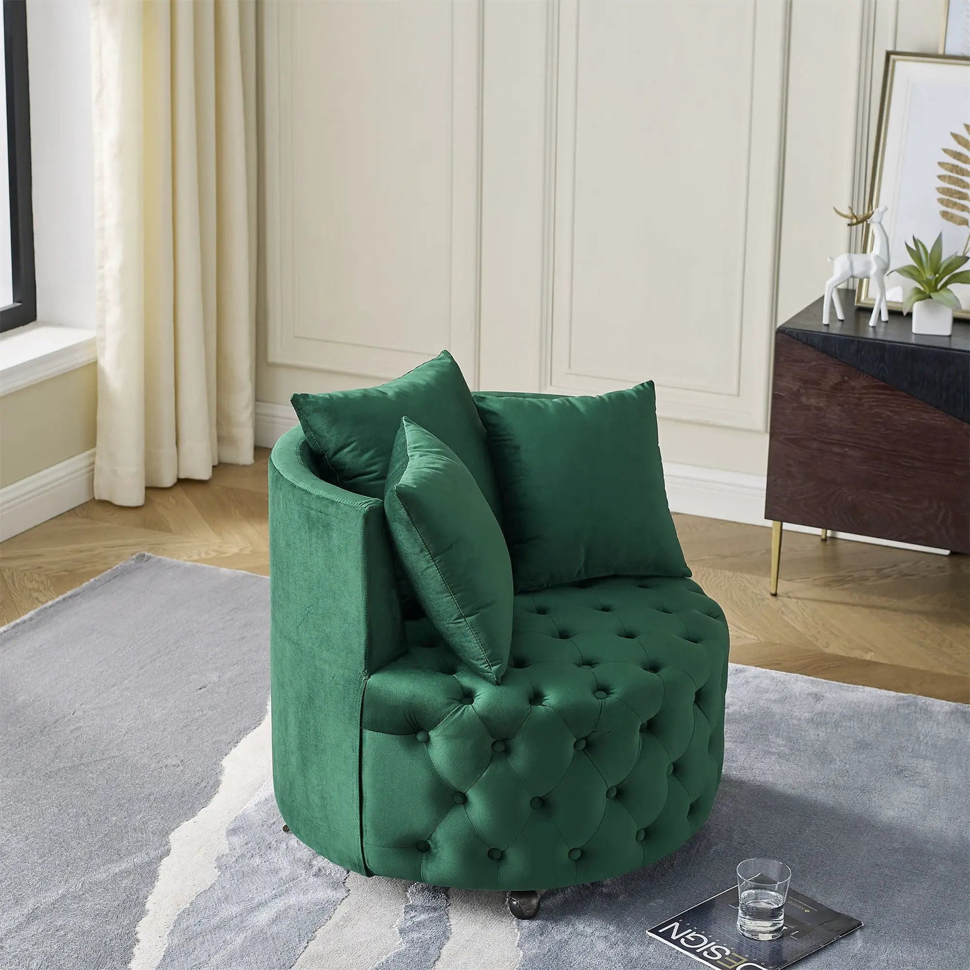 Modern Upholstered Swivel Chair With Button Tufted Design And Movable Wheels by Unique Piece Furniture