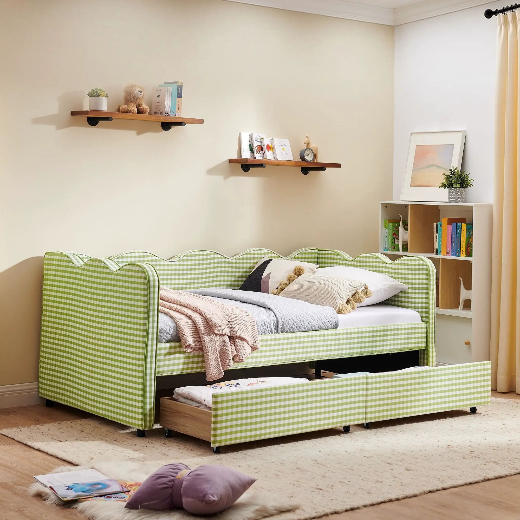 Gingham Daybed With USB Charging Port, Wave-Shaped Design by Unique Piece Furniture
