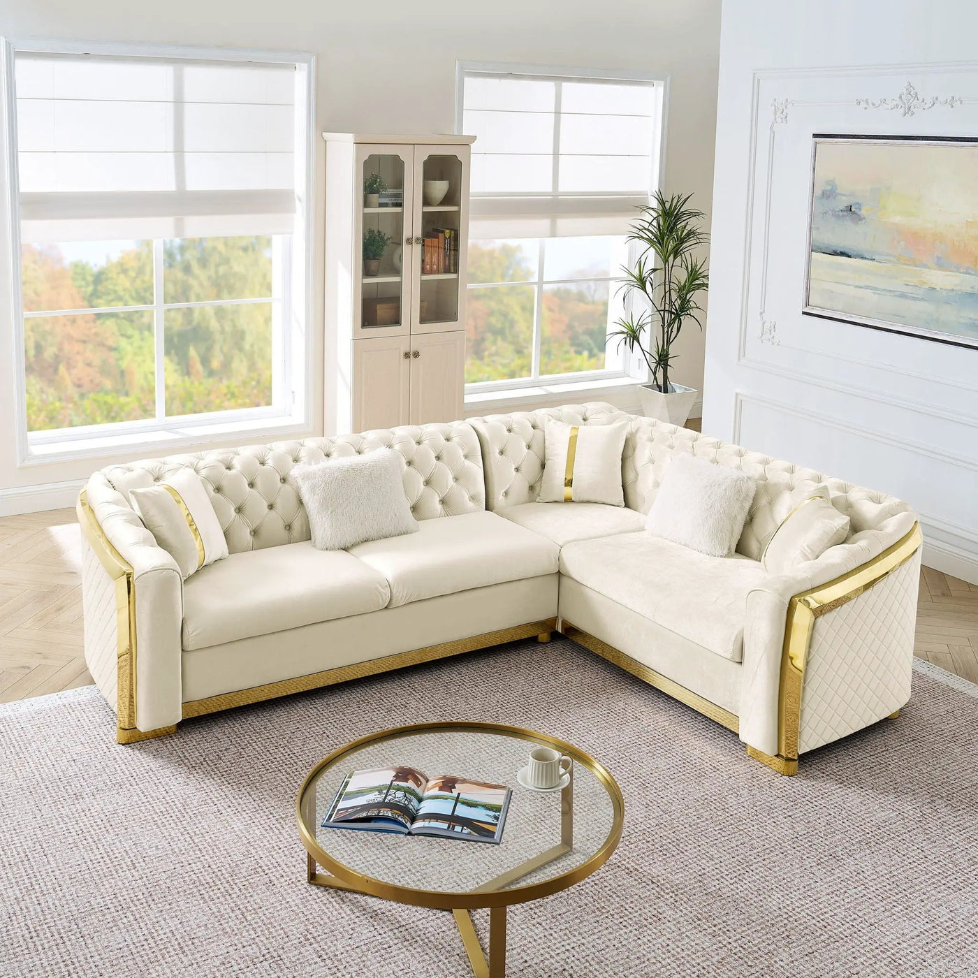 L Shaped Chesterfield Sectional Sofa With Stainless Steel Accents by Unique Piece Furniture