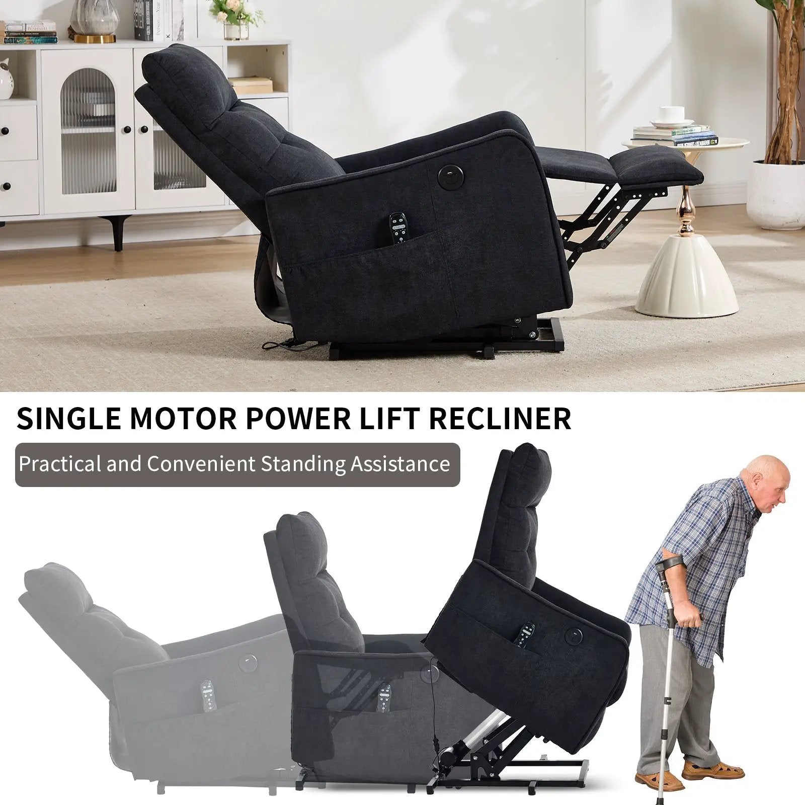 Black Chenille Single Motor Power Lift Recliner Chair by HouseOfZazla
