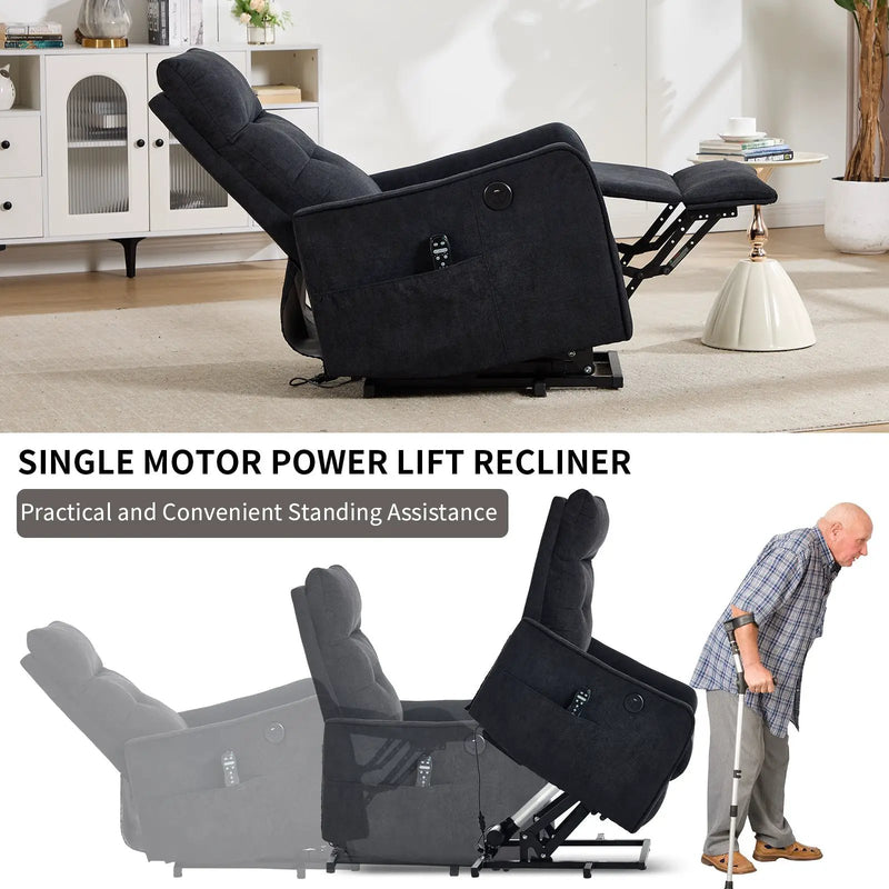 Black Chenille Single Motor Power Lift Recliner Chair by HouseOfZazla