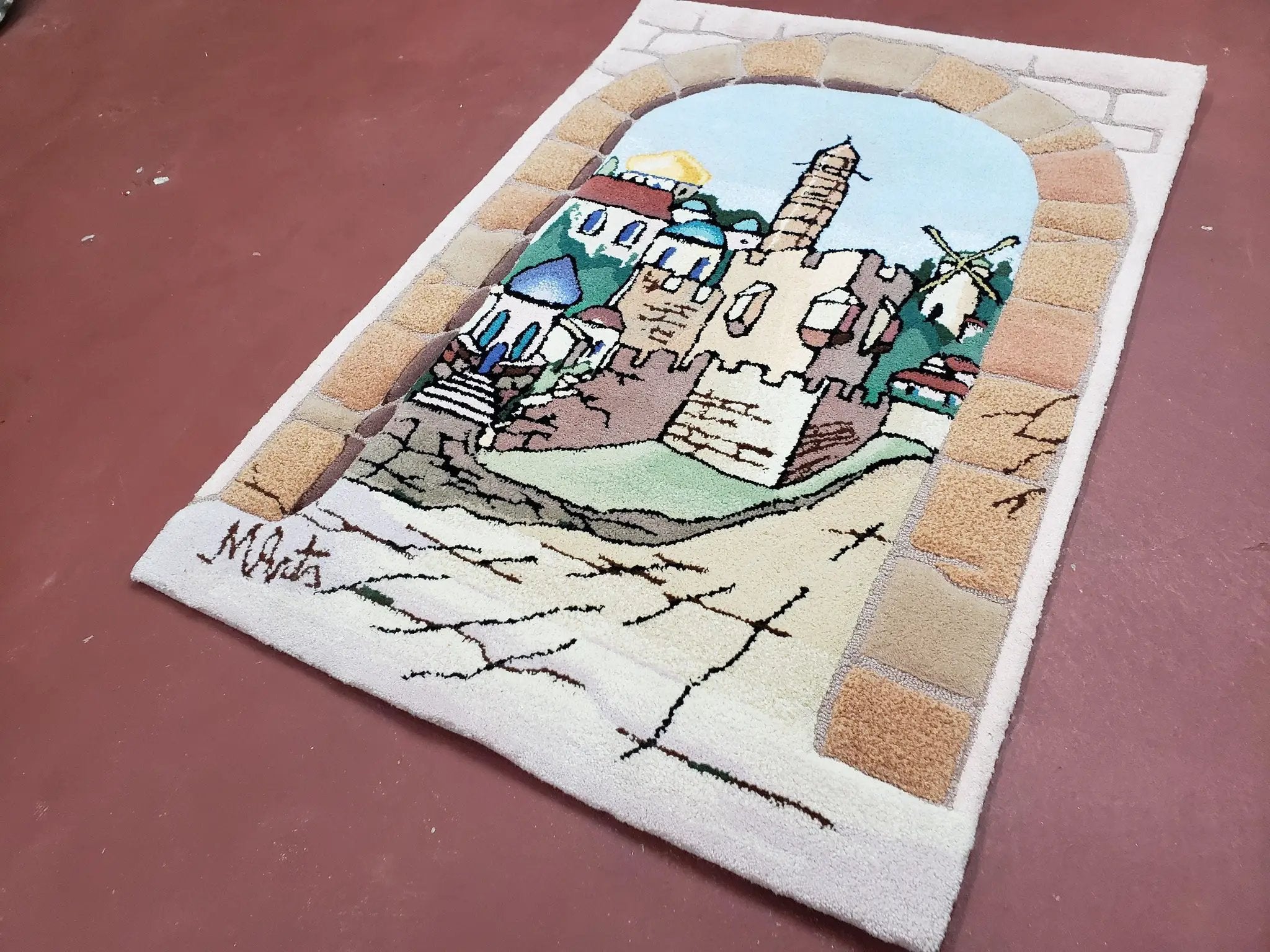 Small Judaica Rug, Rug with Jerusalem Pictorial, Chanuka Gift, Hand-Tufted, Jerusalem Gate, Vintage Judaica, Western Wall Rug, 3x4 Rug by Jewel Rugs