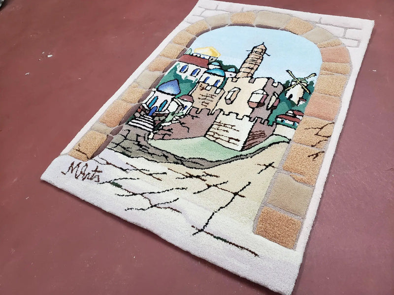 Small Judaica Rug, Rug with Jerusalem Pictorial, Chanuka Gift, Hand-Tufted, Jerusalem Gate, Vintage Judaica, Western Wall Rug, 3x4 Rug by Jewel Rugs