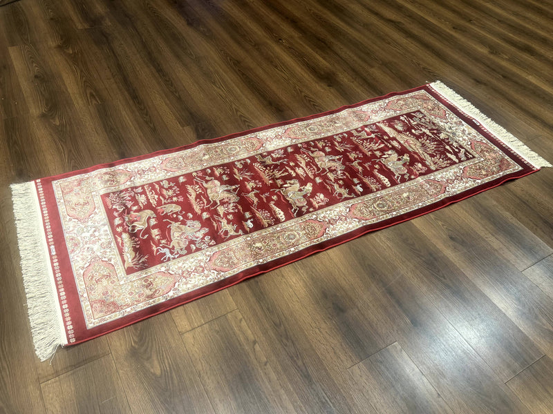 Turkish Silk Rug 2.6 x 6.7, Hunting Design, Short Runner Rug, Red & Ivory, Bamboo Silk, New by Jewel Rugs