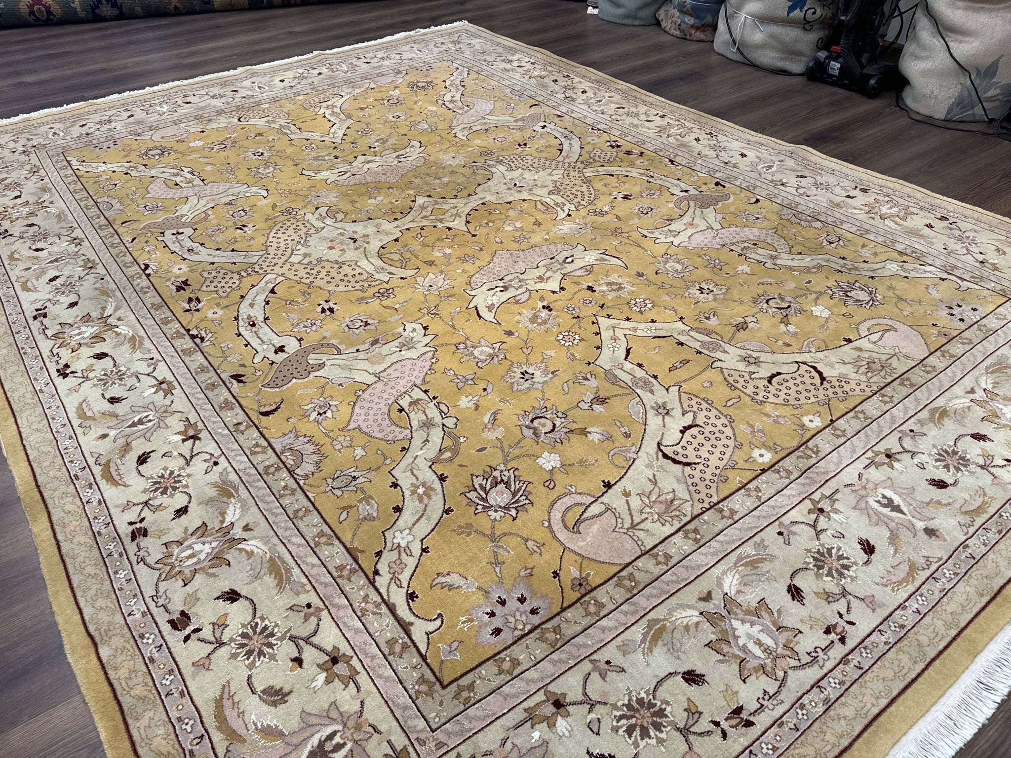 Sino Persian Rug 8x11, Wool with Silk Highlights, Unique Colors, Gold and Light Green, Fine 240 KPSI by Jewel Rugs