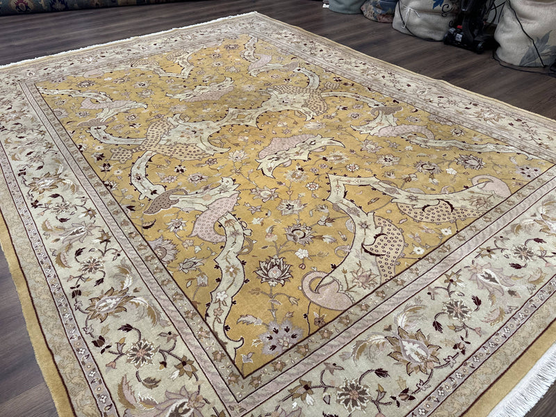 Sino Persian Rug 8x11, Wool with Silk Highlights, Unique Colors, Gold and Light Green, Fine 240 KPSI by Jewel Rugs