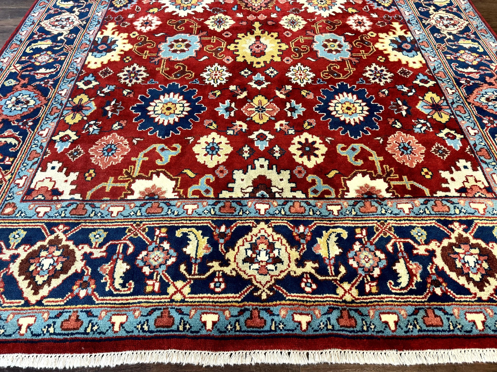 Indo Heriz Rug 8x10, Red and Navy Blue, Allover Pattern, Wool Handmade Carpet by Jewel Rugs