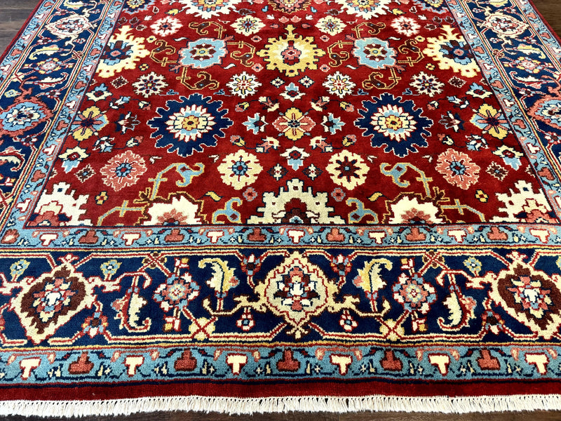 Indo Heriz Rug 8x10, Red and Navy Blue, Allover Pattern, Wool Handmade Carpet by Jewel Rugs