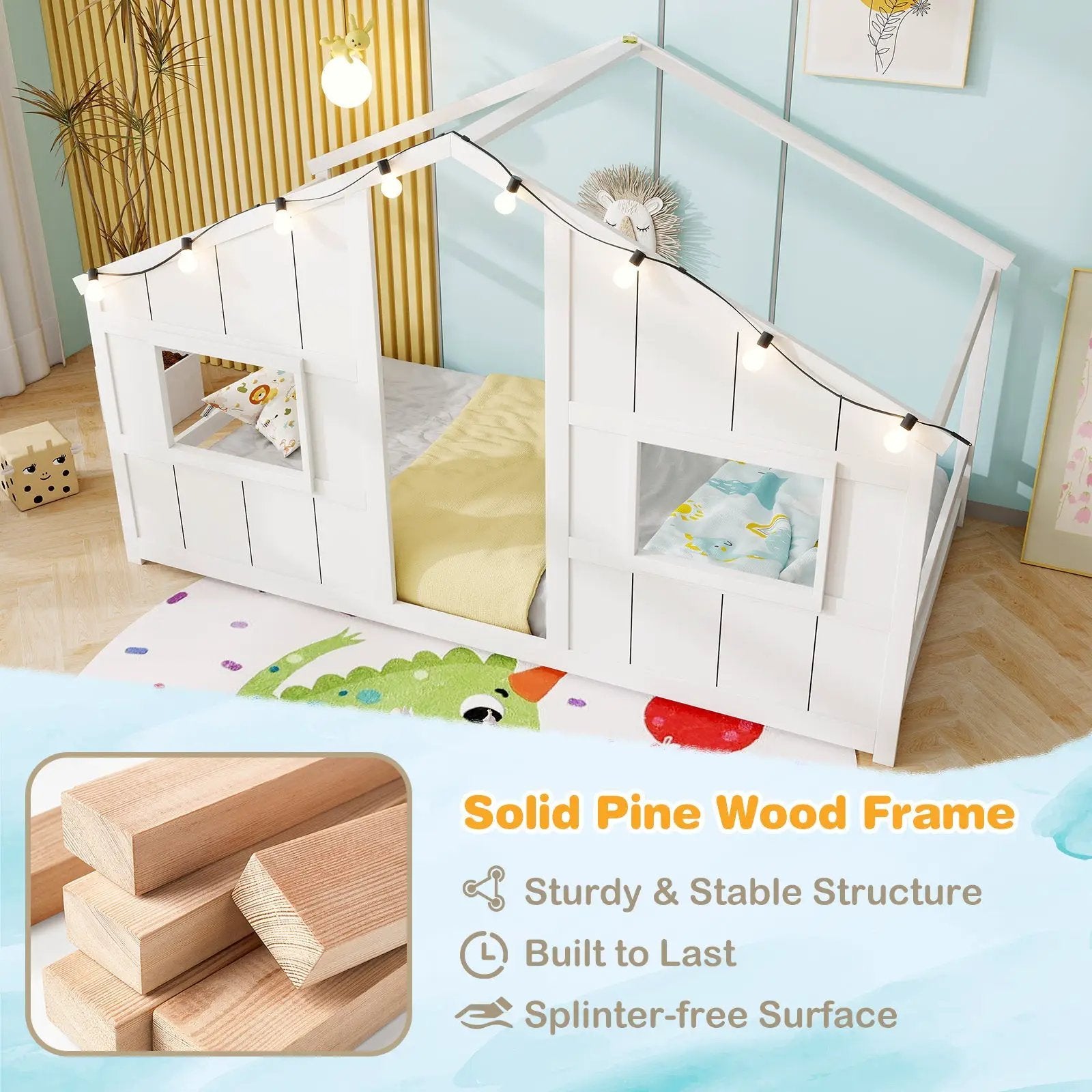 Twin Size House Bed with LED Lights Montessori Slat-free Floor Bed by DirectDeals