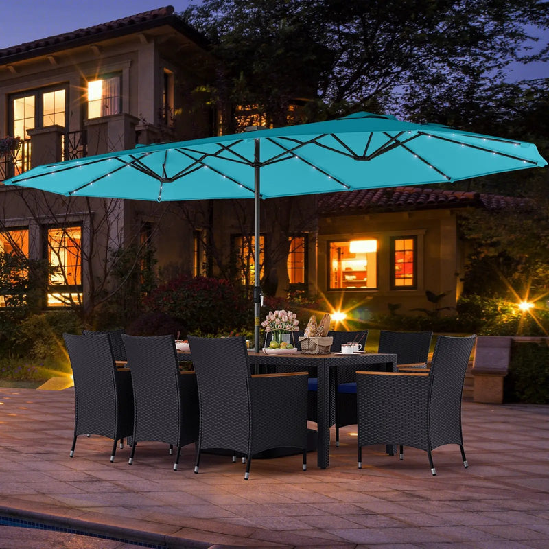 11 Pieces Patio Dining Set with LED Patio Umbrella with Base and Seat Cushions (Navy) by DirectDeals