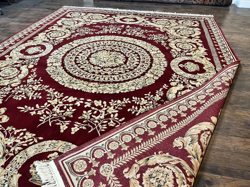 Aubusson Rug 9x12, Wool Handmade Carpet, Elegant French European Design, Dark Maroon Red, 9 x 12 Room Sized Rug, Finely Hand Knotted by Jewel Rugs