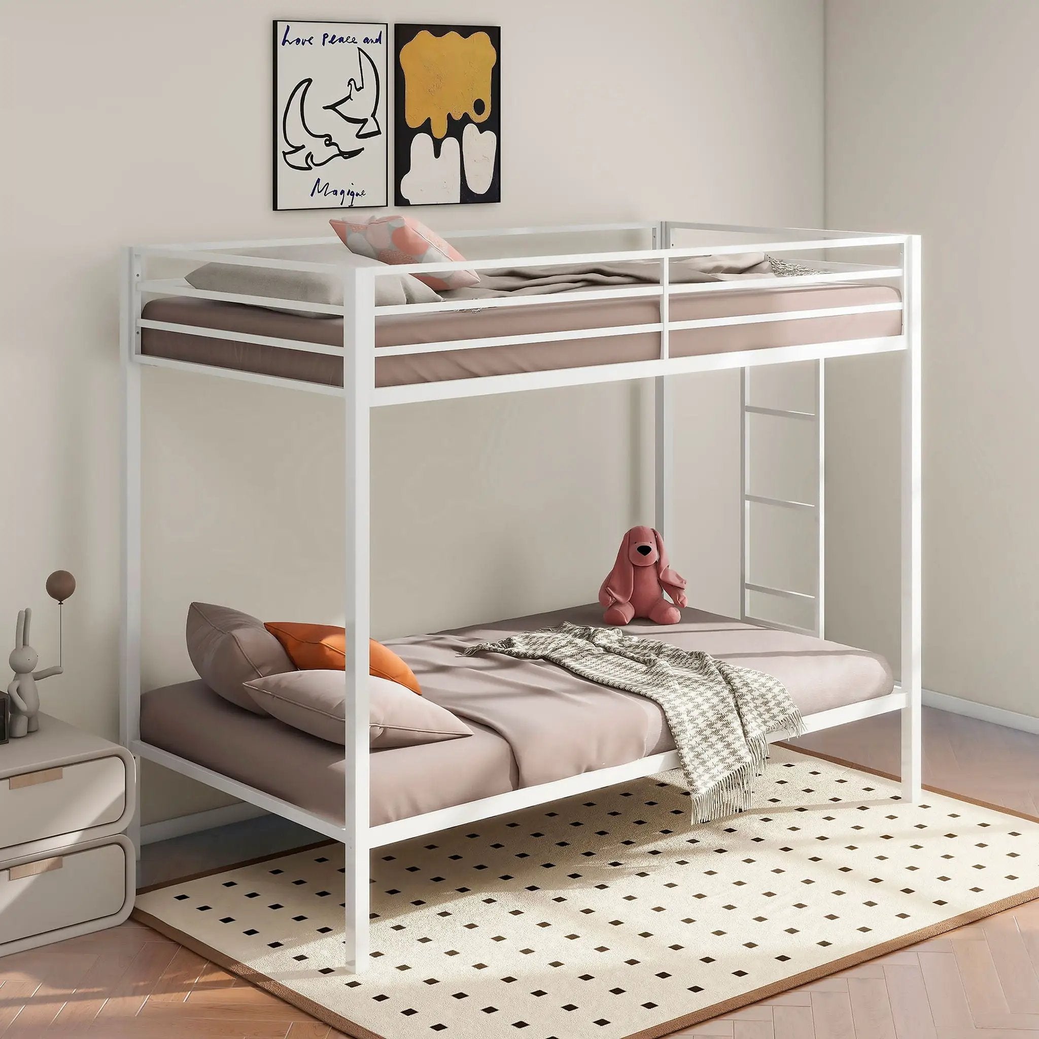 Alevera Metal Twin Over Twin Bunk Bed with Ladder White by Unique Piece Furniture