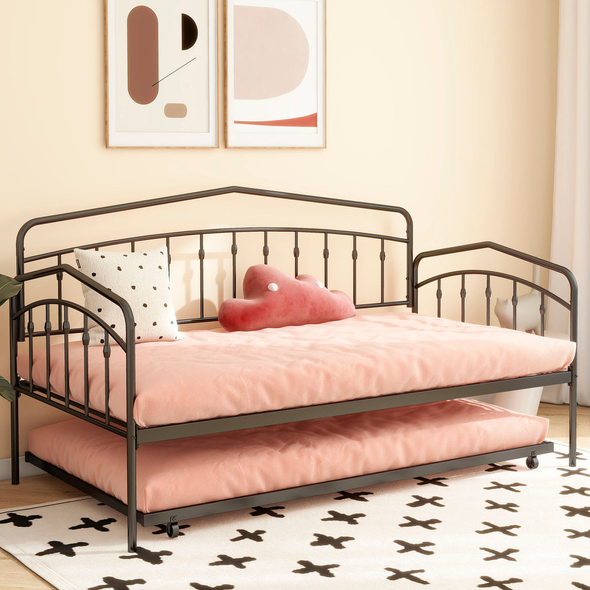Fox Daybed With Twin Trundle - Metal Frame, Black or White, photo 8 of 29
