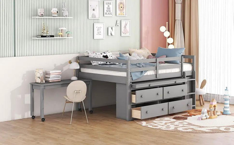 Loft Bed With Retractable Writing Desk And 4 Drawers, With Lateral Portable Desk And Shelves by HouseOfZazla
