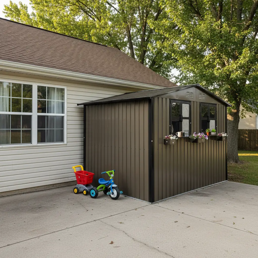 6x9 FT Outdoor Metal Storage Shed with Window & Flower Rack by HouseOfZazla