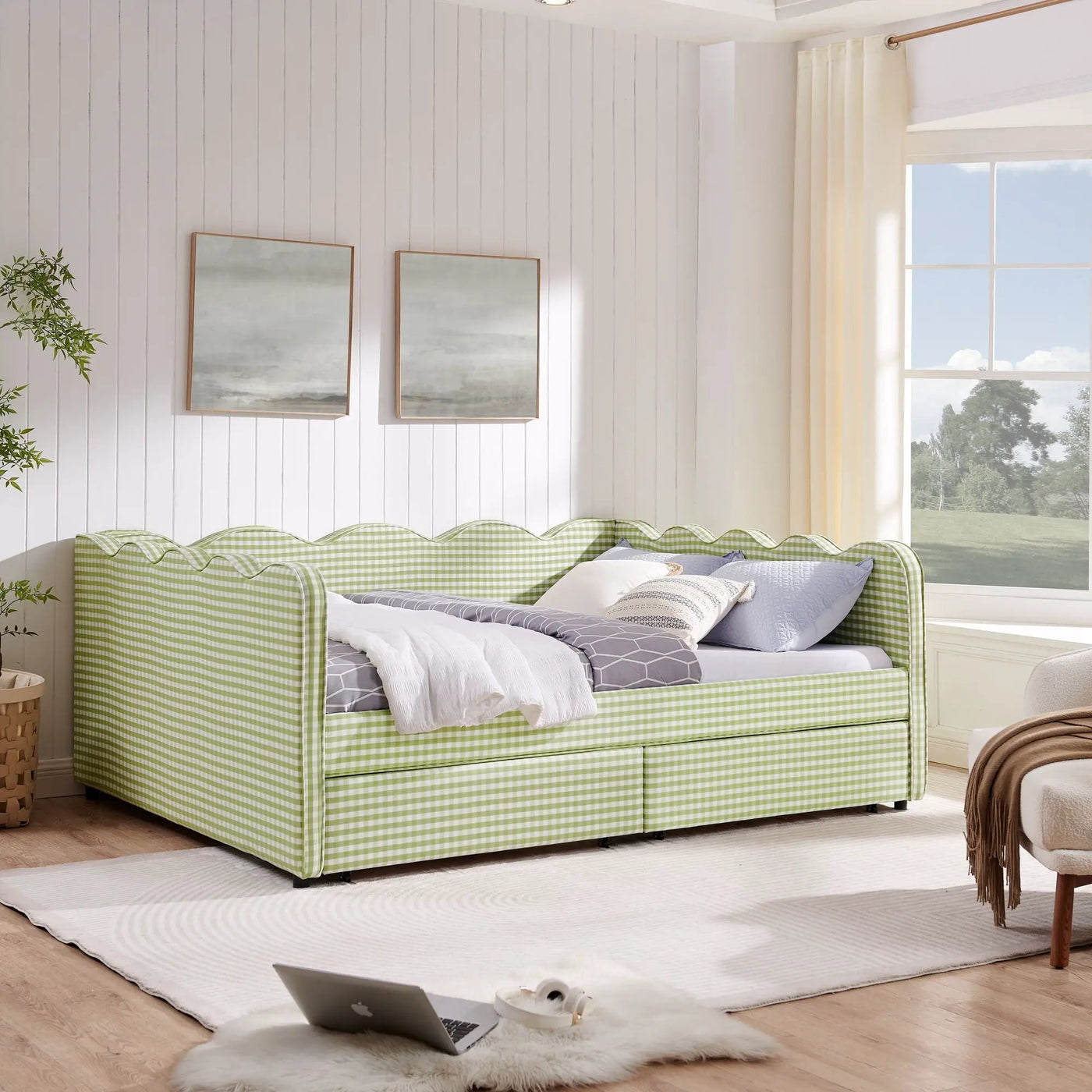 Gingham Daybed With USB Charging Port, Wave-Shaped Design by HouseOfZazla