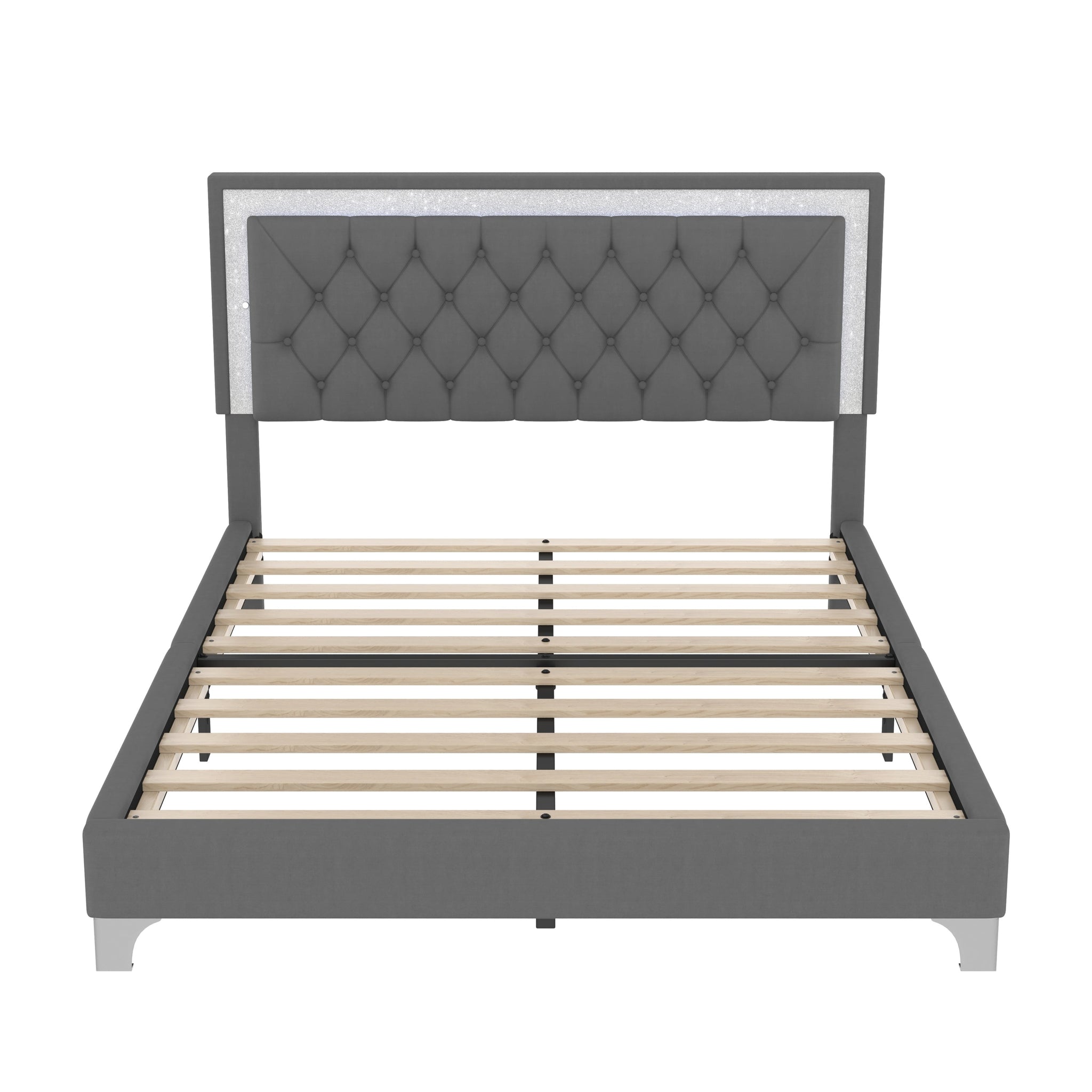3-Pieces Bedroom Set, Queen Size Upholstered Platform Bed with LED Lights and Two Nightstands - Gray by HouseOfZazla