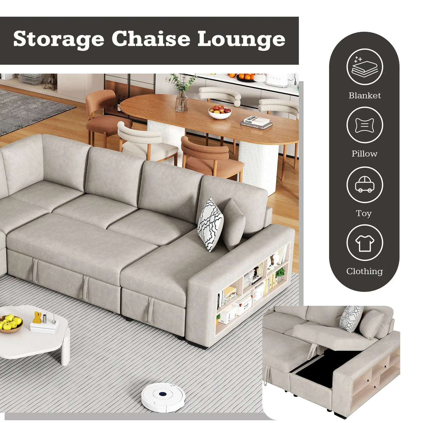 U-Shaped Sectional Sofa Pull-Out Sofa Bed With Two USB Ports, A Storage Chaise Lounge And Four Back Pillows For Living Room by Unique Piece Furniture