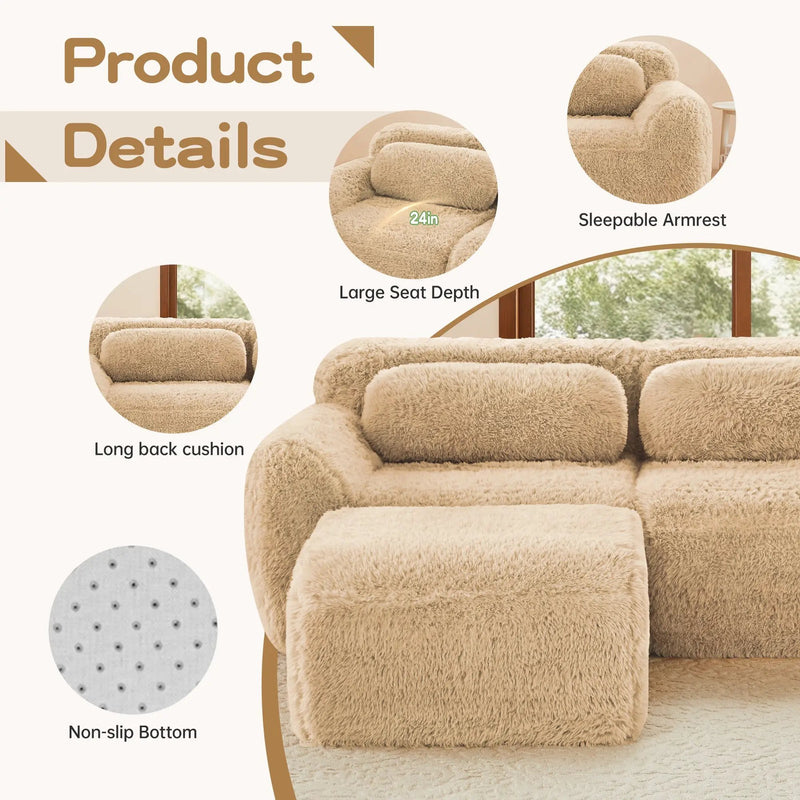 3-Seater Soft Plush Fabric Sofa With Movable Ottoman by HouseOfZazla