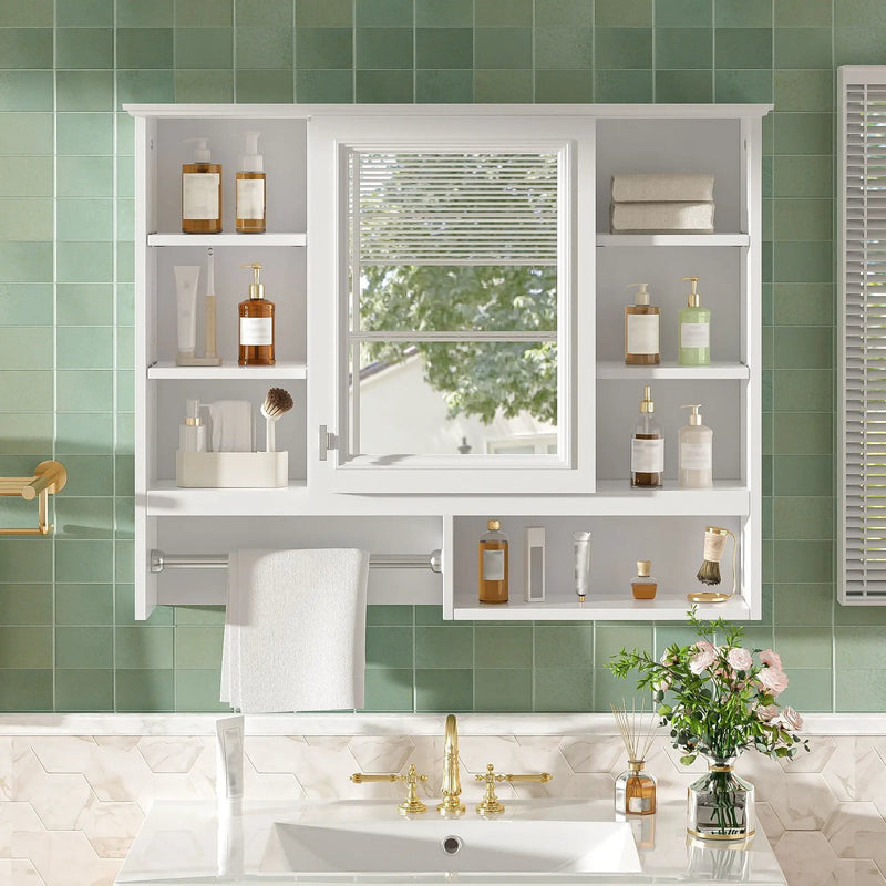 Wall Mount 2 In 1 Mirror Cabinet With Adjustable Shelves, Open Storage, For Bathroom Vanity - White by HouseOfZazla