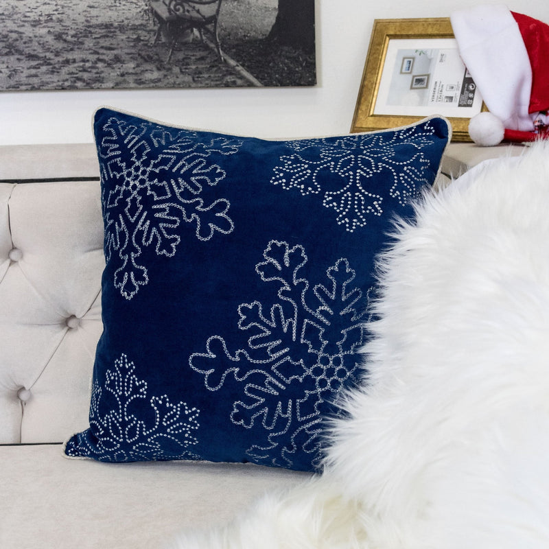 Blue Velvet Holiday Throw Pillow with Silver Snowflakes - Blue, photo 3 of 5