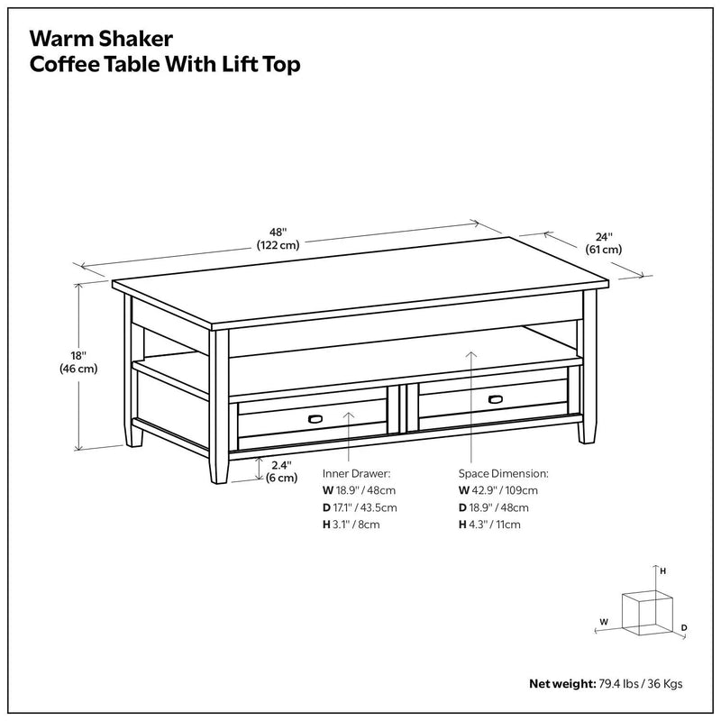 Warm Shaker - Lift Top Coffee Table With Hidden Storage And Lift Top Functionality - Brown by HouseOfZazla
