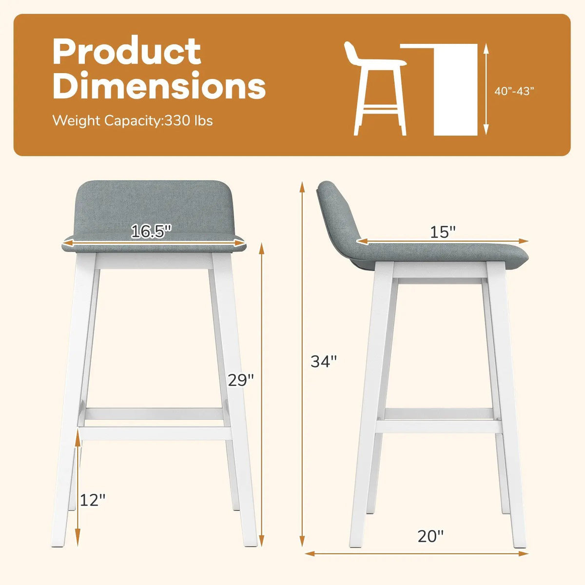 29 Inch Low-Back High-Top Chairs with Padded Seat and Rubber Wood Legs by DirectDeals