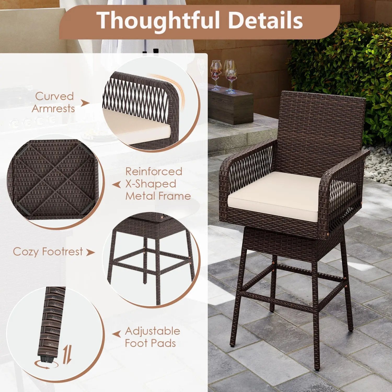 360° Swivel Bar Stool 29" Height with Cushion & Armrests by DirectDeals