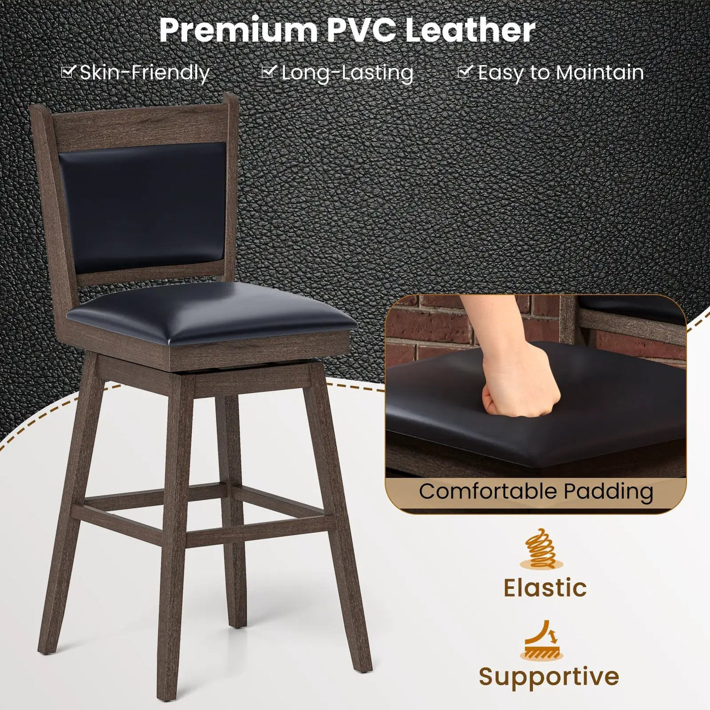 25/29 Inch Padded Bar Stools Set of 2 with Swivel Seat and Footrest by DirectDeals