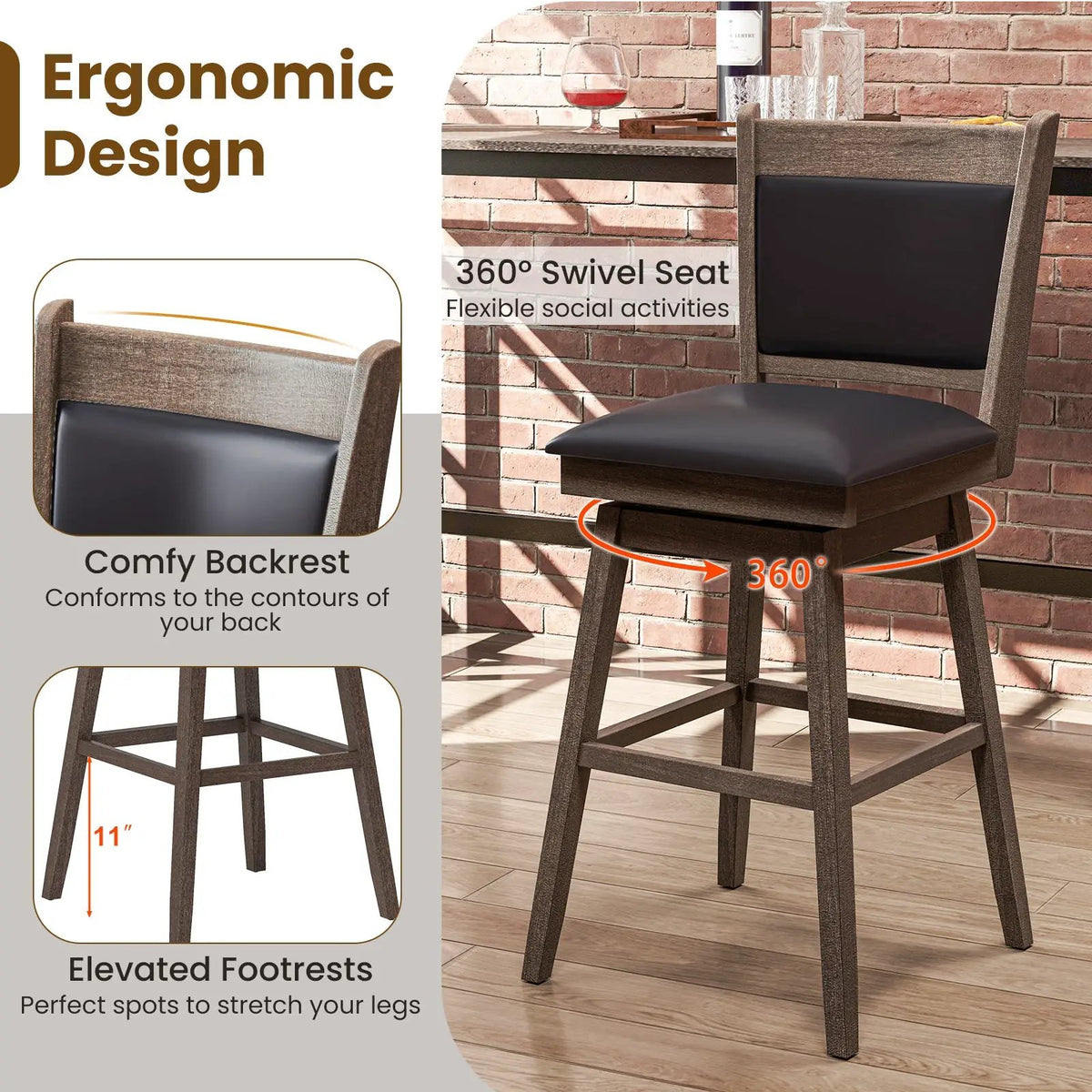 25/29 Inch Padded Bar Stools Set of 2 with Swivel Seat and Footrest by DirectDeals