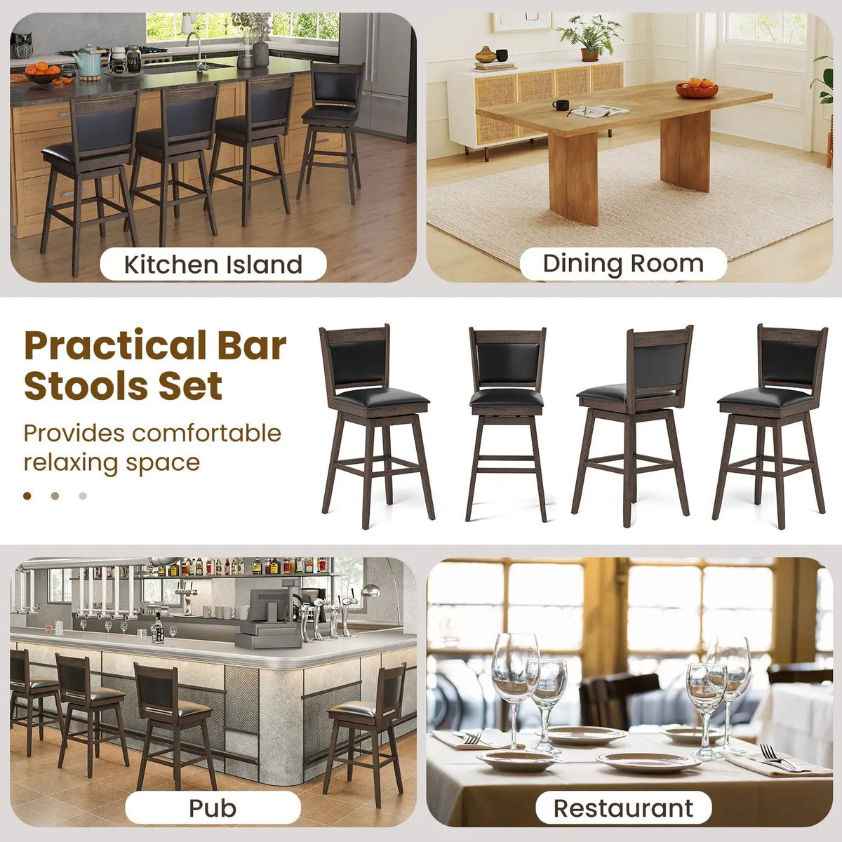 25/29 Inch Padded Bar Stools Set of 2 with Swivel Seat and Footrest by DirectDeals